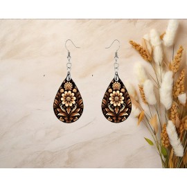 Twisted R Design Maygar Floral Print Wood Dangle Teardrop Print Earrings Jewelry