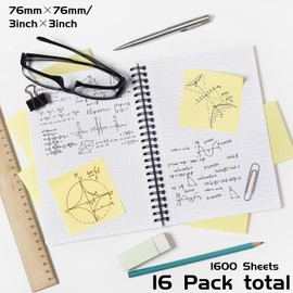 16 Pads, Pack of 1600 Sticky Notes, Canary Yellow, 76 x 76 mm Sticky Notes, Reusable Sticky Notes for Office, Home