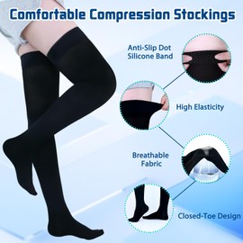 Medical Compression Stockings for Women and Men, 20-30 mmHg Thigh High Compression Socks Women Closed Toe Graduated Compression Socks for Varicose Veins, Edema, DVT, Dot-Top(Black,M)