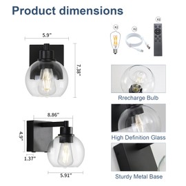 HONGREN Black Battery Operated Wall Sconces Set of Two Modern Rechargeable Wall Sconces with Remote Control LED Dimmable Wall Lights for Living Room Bedroom Hallway (2 Pack)