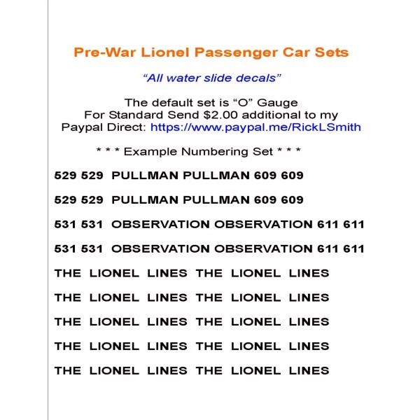 Lionel PW Pass Car Decals Pick Your Numbers Std Ga.or