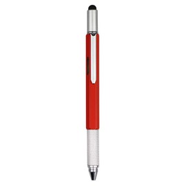 DunBong Metal Multi tool Pen 6-in-1 Stylus Pen - With Screwdriver, Phillips Screwdriver, Flathead Bit Slotted Screwdriver, Ballpoint Pen Black ink, Stylus pen, Bubble Level and Ruler, 1-Count (Red)