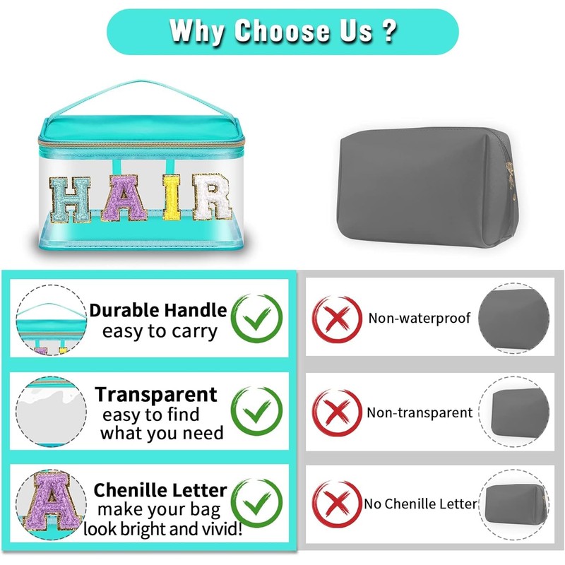 Letter Clear Makeup Bags, Preppy Patch Makeup Bag with Handle