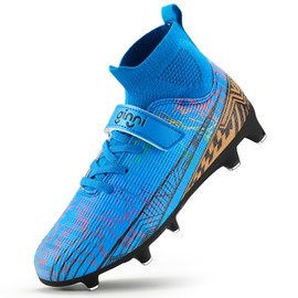 GINNI Kids Firm Ground Soccer Cleats Boys Girls Athletic Soccer Shoes Youth Outdoor Football Cleats Lightweight Breathable FG/AG Blue Size 5 Big Kid