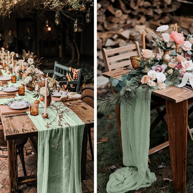 Pack of 2 Sage Green Cheesecloth Table Runner, Rustic Gauze