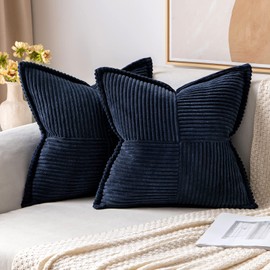 MIULEE Corduroy Pillow Covers with Splicing Set of 2 Super Soft Couch Pillow Covers Broadside Striped Decorative Textured Throw Pillows for Cushion Bed Livingroom 18 x 18 inch, Navy Blue