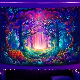 Simpkeely Blacklight Fantasy Forest Tapestry, UV Reactive Nature Magical Tree Glow Wall Hanging Tapestries for Bedroom, Living Room - 70.9" x 90.6"
