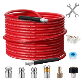 100FT Sewer Jetter Kit for Pressure Washer,1/4 Inch NPT Corner Max Working Pressure Drain Cleaner Hose 5800 PSI Sewer Blasting Hose 4 Sewer Blasting Nozzles