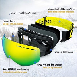 COPOZZ Ski Goggles, G1 OTG Snowboard Snow Goggles for Men Women Youth, Interchangeable Double Layer Anti Fog UV Protection Lens, Polarized Goggles Available (G1-White Frame Sliver Lens)