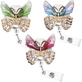 Butterfly Nurse Badge Reel Crystal Rhinestone Retractable ID Badge Name Card Holder Reel for Nurse Nursing School Students Medical Workers 3 Pack