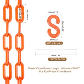 MECCANIXITY Plastic Chain 150 FT/46 M, Safety Chain Orange Plastic Chain Link Barrier with Zip Ties and S-Hooks for Crowd Control Queue Line Fence Decoration