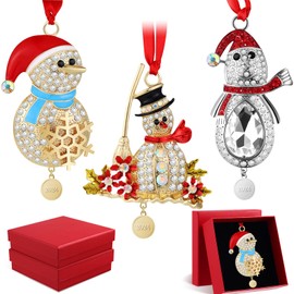 3 Pcs 2024 Christmas Crystals Hanging Ornaments Snowflake Snowman Holiday Ornament Shimmer Metal Bell Wreath on Ribbon with Gift Box for New Year Gift Xmas Tree Sun Catcher Home Hanging Decor(Snowman)