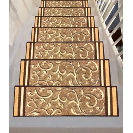 Stair Treads Rubber Backing - Indoor Skid Resistant Stair Tread (8.5" x 26") Beautiful Floral Design Stair Mats with Rubber Backing Stair mats (1999-Beige Floral)
