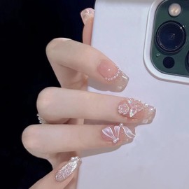 Lwenjing Nail Tips, 24 Pieces, 3D Nail Tips, Handmade Nail Tips, Short, Spring and Summer, Popular Japanese Style, Cute, Simple, Stylish, Bride, Shiny, False Nails, Double-Sided Tape, Coming of Age