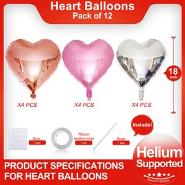 Rose Gold Heart Shaped balloons Pack of 12,18 Inch Silver Love Valentine Balloons Pink Heart Romantic Balloons For Valentines Day Propose Marriage Wedding Bridal Shower Engagement Party Decorations