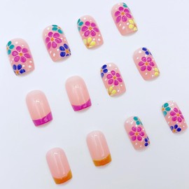 Press On Nails Short, Acrylic Nails Press on, Short Square Press on Nails Fake Nails Colorful French Tip False Nails with Relief Flowers Press ons Designs Artificial Nails Stick on Nails for Women