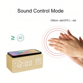 Lancoon Wooden Digital Alarm Clock with Sound Control LED Wireless Charging Temperature and Humidity Display Adjustable Brightness for Bedroom Home Office (Yellow)