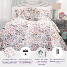 Lush Decor Pixie Fox Reversible 4 Piece Bedding Gray/Pink-Full/Queen Quilt Set, Gray & Pink