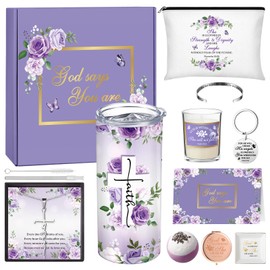 Remuuly Christian Gifts for Women Faith God Says You Are Gifts Set Inspirational Religious Birthday Basket Ideas for Women Friends Sister Wife(Purple Flower)