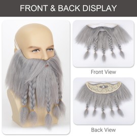 Grey Braided Fake Beard and Mustache – Viking Dwarf Wizard Beard with 5 Braids Medieval Cosplay Costume Facial Hair