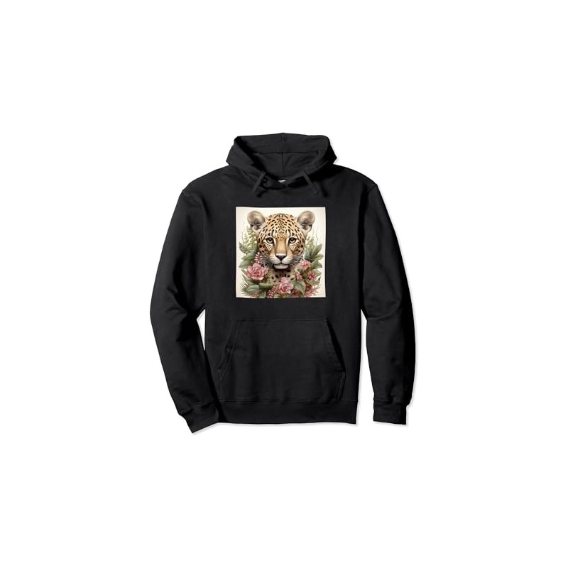 Leopard With Succulents Around Boho Style Graphic Pullover Hoodie