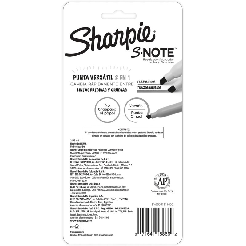 Sharpie S-Note Resaltador/Marcador de Texto Creativo, Punta Cincel, Surtidos, 4
