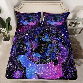 Feelyou Pisces Bedding Set Twin Size Constellation Fitted Sheet for Boys Girls Children Horoscope Astrology Bed Sheet Set Room Decor Constellation Theme Bed Cover Deep Pocket(No Top Ssheet) 2Pcs