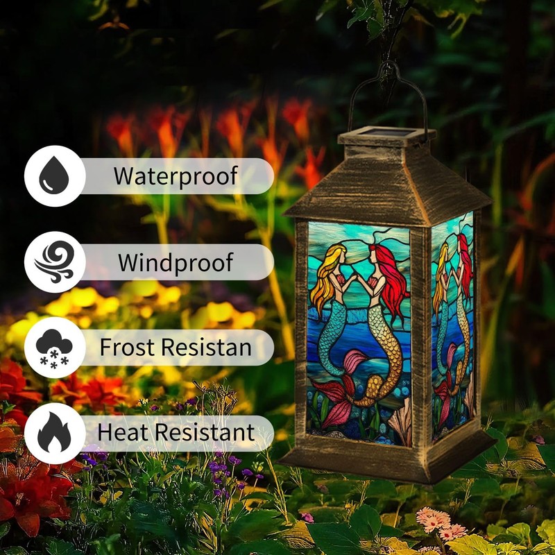 Solar Lantern Stained Glass Window Panel Mermaids Ocean Waves Shells