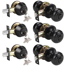 KNOBWELL 3 Pack Keyed Alike Entry Door Knobs and Double Cylinder Deadbolt Lock Combo Set Security for Exterior and Front Door, Keyed Entry Door Locksets with Deadbolt, Matte Black Finish