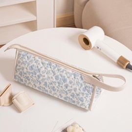 RSRSLEII Large Quilted Hair Tools Travel Bag,Aesthetic Hair Styling Accessories Storage Case for Flat Irons,Straightener,Curling Iron,Hair Dryer,Dyson Airwrap Travle Bag（04Blue Flower）