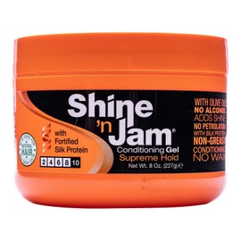 Ampro Shine-n-Jam Supreme Hold - Conditions Hair with Olive Oil and Silk Protein - Great for Smoothing Fringe, Ponytails, and Up-dos - Firms Tresses with Non-Greasy Shine - 227 g