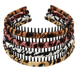 Tihebax Zig Zag Headbands, 4PCS Leopard Print Zig Zag Headband for Women Non-Slip Wrapped Cloth Sharks Adjustable Hair Comb Headband Fashion Strong Hold Resin Comb Teeth Hair Hoop