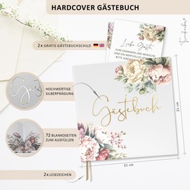 Trendanchor Guest Book for Filling in and Gluing Photos – Ideal for Bride and Groom Memories, JGA Games, Children's Birthday – Blank No Questions 72 Pages (Guest Book, 21 x 21 cm, Peonies)