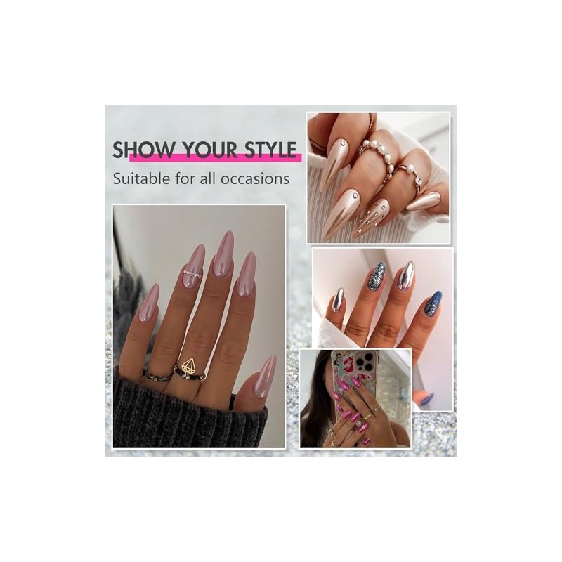 SXVME Uñas Postizas De Metal Con Efecto Espejo, Ovaladas, Acrílicas,