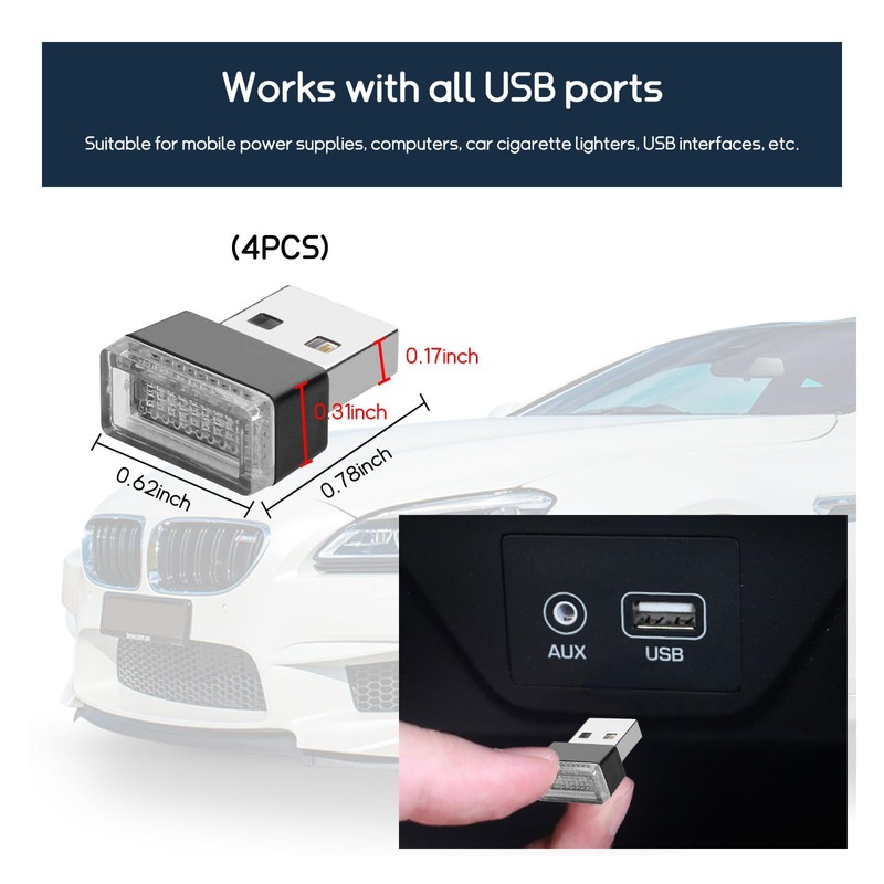 Dickno 4 PCS USB LED Car Interior Atmosphere Lamp, Portable