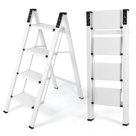 FAHKNS 4 Step Ladder, Aluminum Folding Step Stool with Anti-Slip Sturdy and Wide Pedal, Portable Space Saving Closet Step Stool for Home and Kitchen, Step Stools for Adults, White, 330Lbs