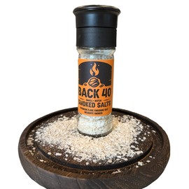 Back 40 Salts mesquite smoked salt for cooking with steak, vegetables, pork or fish.