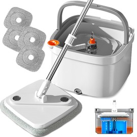 KZKR Spin Mop and Bucket Set with Self Separation Dirty and Clean Water System Self Wringing 360° Rotating Square Mop Head for Hardwood Tile Marble Floors (Mop Set with 4 Replaceable Microfiber Pad)