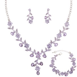 SFE Elegant Austrian Crystal Bridal Bridesmaid Wedding Jewelry Flower Leaf Necklace Dangle Earrings Link Bracelet Jewelry Set for Women(Violet-Platinum Plated)