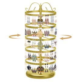 MODOWEY Rotating Earring Holder Organizer Stand, 5 Tier Metal Tree Display for Women Vendors, 220 Holes Adjustable Jewelry rack for Stud Hoop Dangle Storage, Trendy Carousel Keeps Dresser Neat, Gold