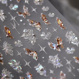 Butterfly Nail Stickers Flower Nail Art Decals with Pearl Design Floral Nails Stickers 5D Embossed Self Adhesive White Brown Nails Charms for Women Girls Manicure DIY Supply Decoration