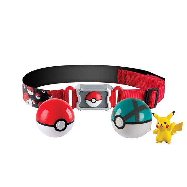 Pokémon Clip and Carry Poké Ball Adjustable Belt with 2 inch Pikachu Figure, Poké Ball, and Grass Type Nest Ball - Assorted colors