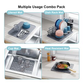 GSlife Silicone Dish Drying Mat and Sink Mat - 2 in Set of Food Grade Silicone Mat and Sink Protector Mat for Kitchen Sink Counter, Heat Resistant, Grey