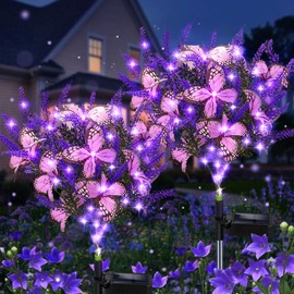 Solar Garden Lights Outdoor, 2 Pack Solar Butterfly Lights Purple Lavender Gardening Gifts for Women, Purple Solar Artificial Flower with Butterfly Purple Garden Decor for Lawn Patio