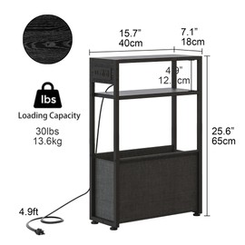 Narrow Side Table with Charging Station, Slim End Tables with Linen Basket, Skinny Table for Small Spaces, Thin Bedside Table for Living Room, Bedroom