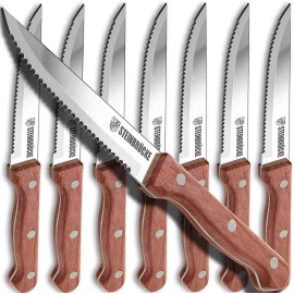 STEINBRÜCKE Steak Knife Set with Wooden Handle for Kitchen, Serrated Steak Knives Set of 8