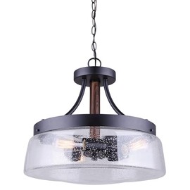 Canarm Riva ICH730A03BKW16 3-Light 16" Chandelier - Seeded Glass, Dual Mount, 100W Type A, Black and Wood Finish, 16" W x 14.75" H, Versatile Lighting for Living Spaces