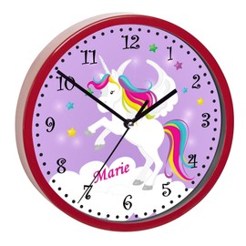 CreaDesign, WU-02-1034-05 Unicorn Purple Wall Clock for Children's Room, Customisable with Name, Red Frame, Diameter 19.5 cm