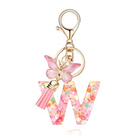QUKE Fashion Alphabet Initial Letter Keychain Pink Tassel Butterfly Pendant Key Ring for Purse Schoolbags Women Girl - W