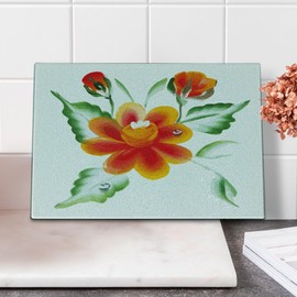 Ambesonne Garden Cutting Board, Watercolor Painting of Daffodils with Green Leaves Cute Aquarelle Flora Bouquet, Decorative Tempered Glass Cutting and Serving Board, Small Size, Orange Green
